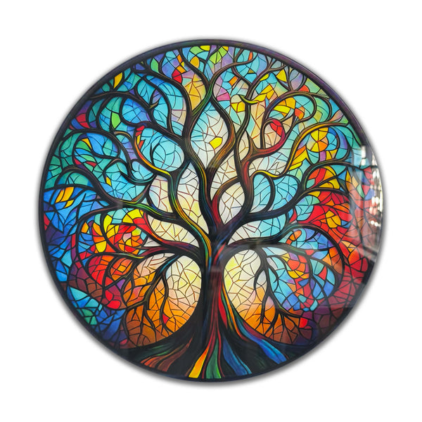 Venodeco Radiance round Tree of Life glass wall art with colorful printed details and dark branches