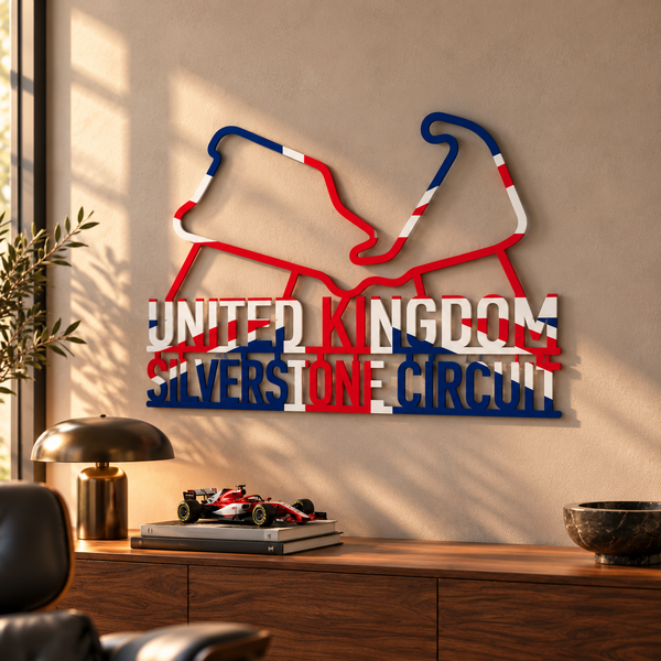 Silverstone Circuit UK flag metal wall art centered above a walnut console