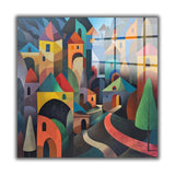 Village Square Tempered Glass Wall Art - Abstract Design - Large Glass Decor for Living Room & Office