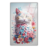 Floral Feline Vertical Glass Wall Art - Tempered Glass Rectangular Wall Decor
