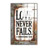 Christian Glass Wall Art - [Love Never Fails. ( 1 Corinthians 13 8)] Bible Scripture Decor