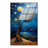 Moonlit Willow Vertical Glass Wall Art - Tempered Glass Rectangular Wall Decor