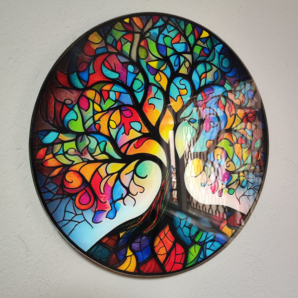 Tree Of Life, Tempered Glass Wall Art,Abstract Wall Painting, Home Decor, Housewarming Gift, Wall Hangings, Round Wall Art, Wall Decor, Stained Glass Art (Vitality)