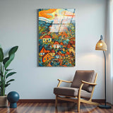 Glowing Homesteads Vertical Glass Wall Art - Tempered Glass Rectangular Wall Decor