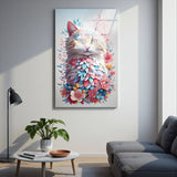 Floral Feline Vertical Glass Wall Art - Tempered Glass Rectangular Wall Decor