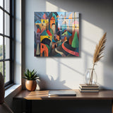 Village Square Tempered Glass Wall Art - Abstract Design - Large Glass Decor for Living Room & Office