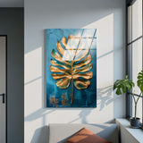 Golden Frond Vertical Glass Wall Art - Tempered Glass Rectangular Wall Decor