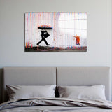 Banksy Umbrella Man Panoramic Tempered Glass Wall Art - Horizontal Rectangular Wall Decor