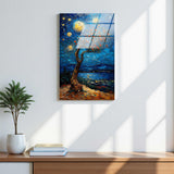 Moonlit Willow Vertical Glass Wall Art - Tempered Glass Rectangular Wall Decor