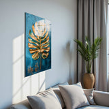 Golden Frond Vertical Glass Wall Art - Tempered Glass Rectangular Wall Decor
