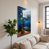 Moonlit Willow Vertical Glass Wall Art - Tempered Glass Rectangular Wall Decor