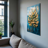 Golden Frond Vertical Glass Wall Art - Tempered Glass Rectangular Wall Decor