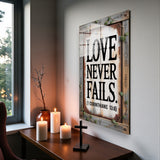 Christian Glass Wall Art - [Love Never Fails. ( 1 Corinthians 13 8)] Bible Scripture Decor