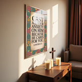 Christian Glass Wall Art - [Cast all your anxiety on Him because He cares for you. (1 Peter 5 7)] Bible Scripture Decor