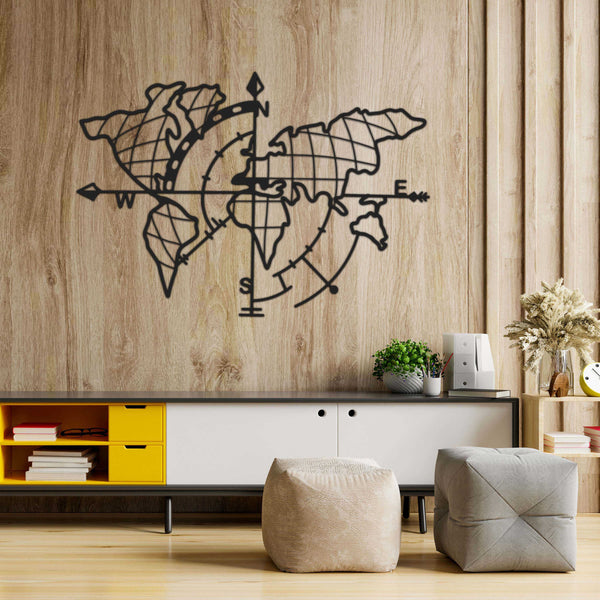 Compass World Map Black Metal Decor