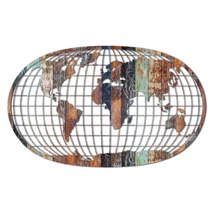 Elliptical World Map Color Wood Art